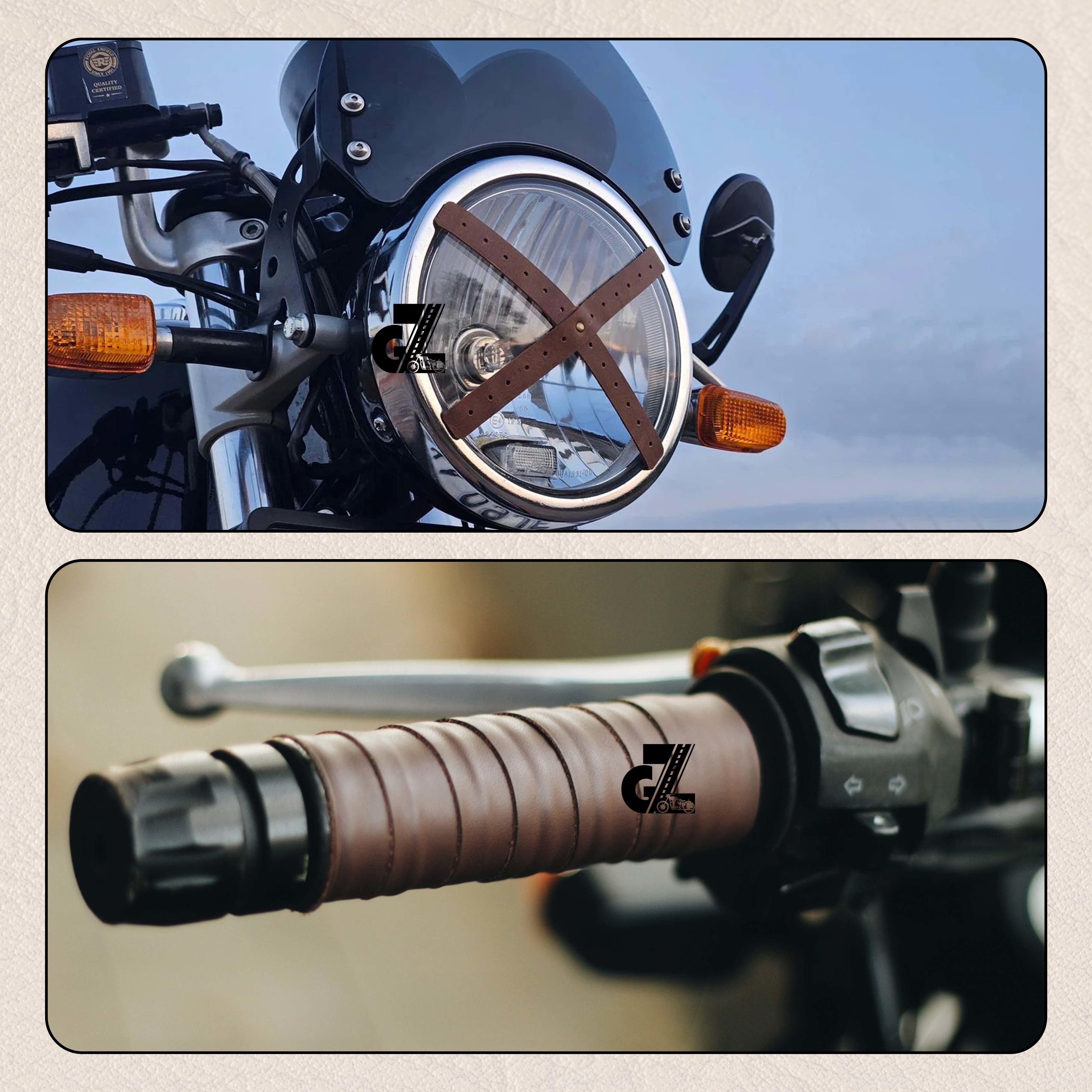 Dark Brown Leather Sticker Head Lamp X Perforated & Handgrip Straps Pair Fit For Royal Enfield Super Meteor,Continental Gt,Interceptor,Classic 650, Bear 650