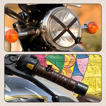 Dark Brown Leather Sticker Head Lamp X & Handgrip Straps Pair Fit For Royal Enfield Himalayan 411,Scram 411/440,New Himalayan,Guerrilla 450