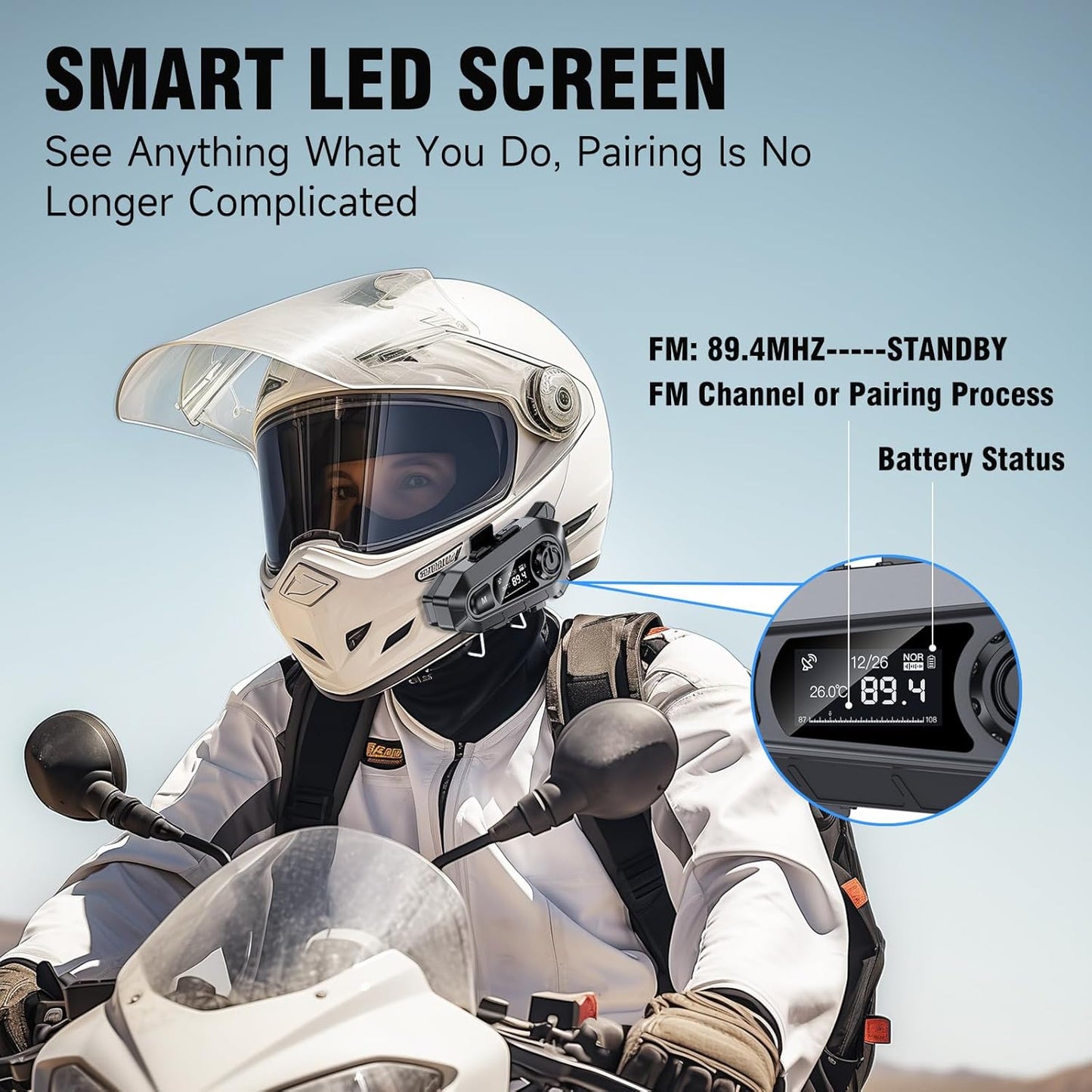EDYELL A1 FM Radio Motorcycle Bluetooth Headsets, Smart LED Display Helmet Bluetooth, HD Calling and HiFi Music, IP67 Waterproof Helmet Headset, Compatible with All Helmets