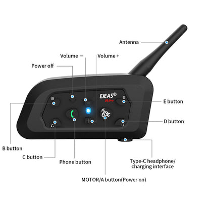 EJEAS V6 Pro Helmet Intercom Communication System V6 Motorcycle Bluetooth On Ear Headphones Connect Up to 6 Riders