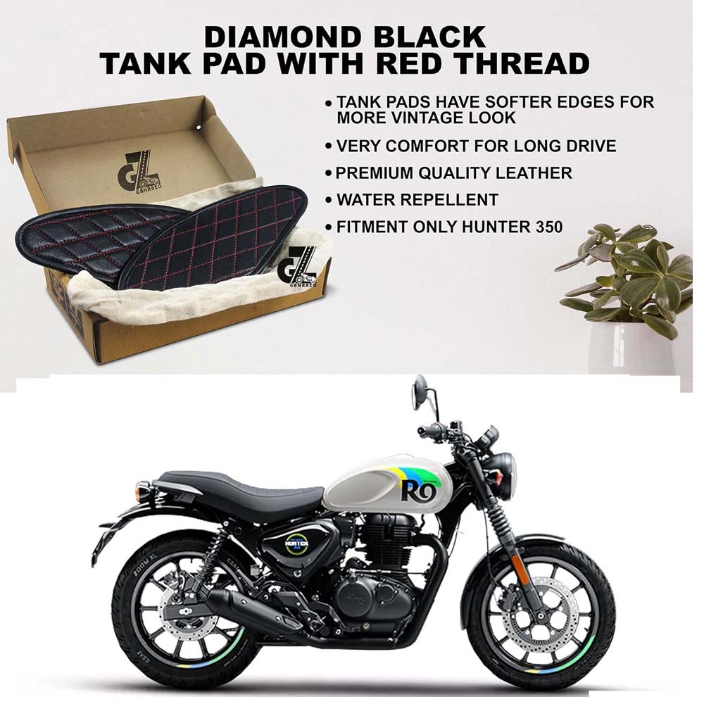 Diamond Black Tank Pads with Red Thread, Genuine Leather For Royal Enfield Hunter 350