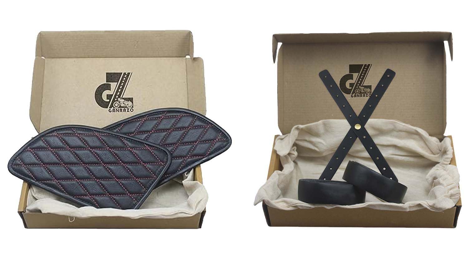 Genuine Leather Daimond Black Tank Pad with Red Thread Combo Head Lamp X Perforated & Handgrip Straps Pair Compatible with Royal Enfield Continental Gt 650