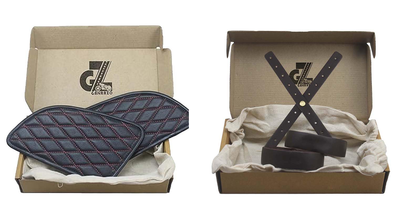 Genuine Leather Daimond Black Tank Pad with Red Thread Combo Headlight X Perforated & Handgrip Straps Dark Brown Compatible with Royal Enfield Continental GT 650