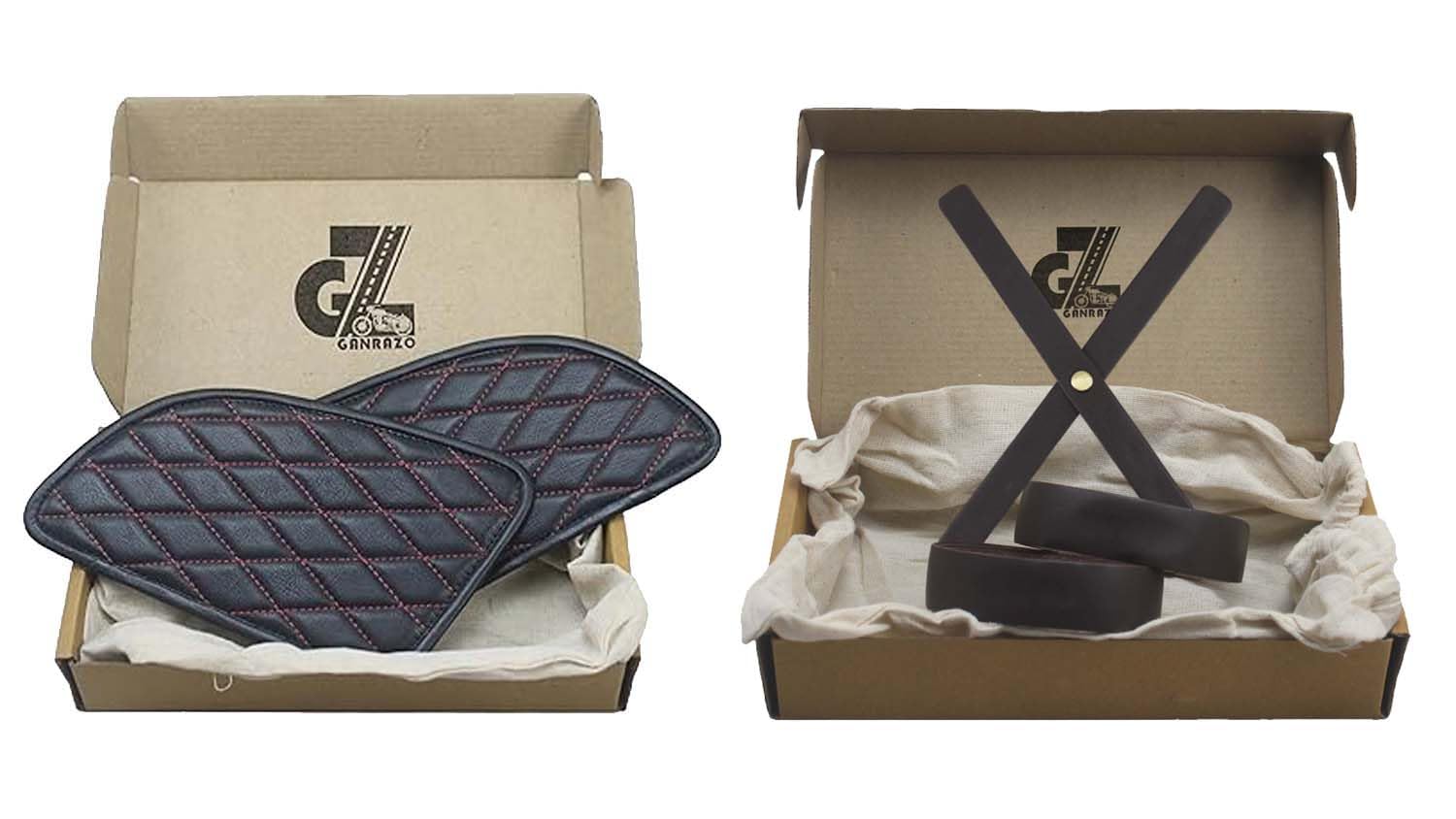 Genuine Leather Daimond Black Tank Pad with Red Thread Combo Headlight X & Handgrip Straps Dark Brown Compatible with Royal Enfield Continental Gt 650