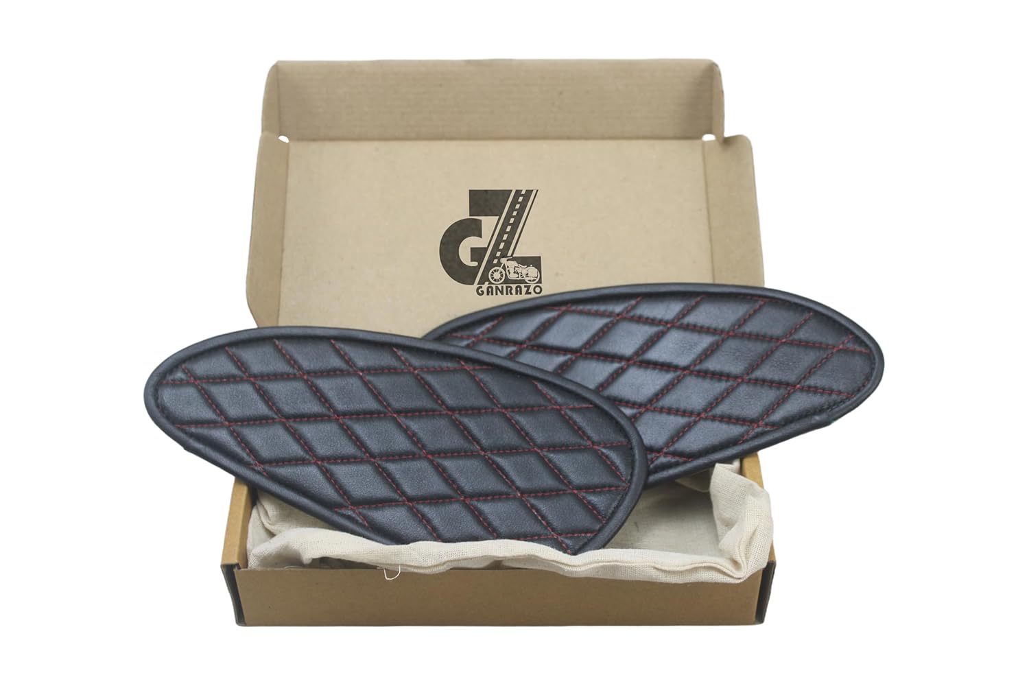 Genuine Leather Daimond Black Tank Pad with Red Thread Combo Headlight X & Handgrip Straps Olive Compatible with Royal Enfield Interceptor 650