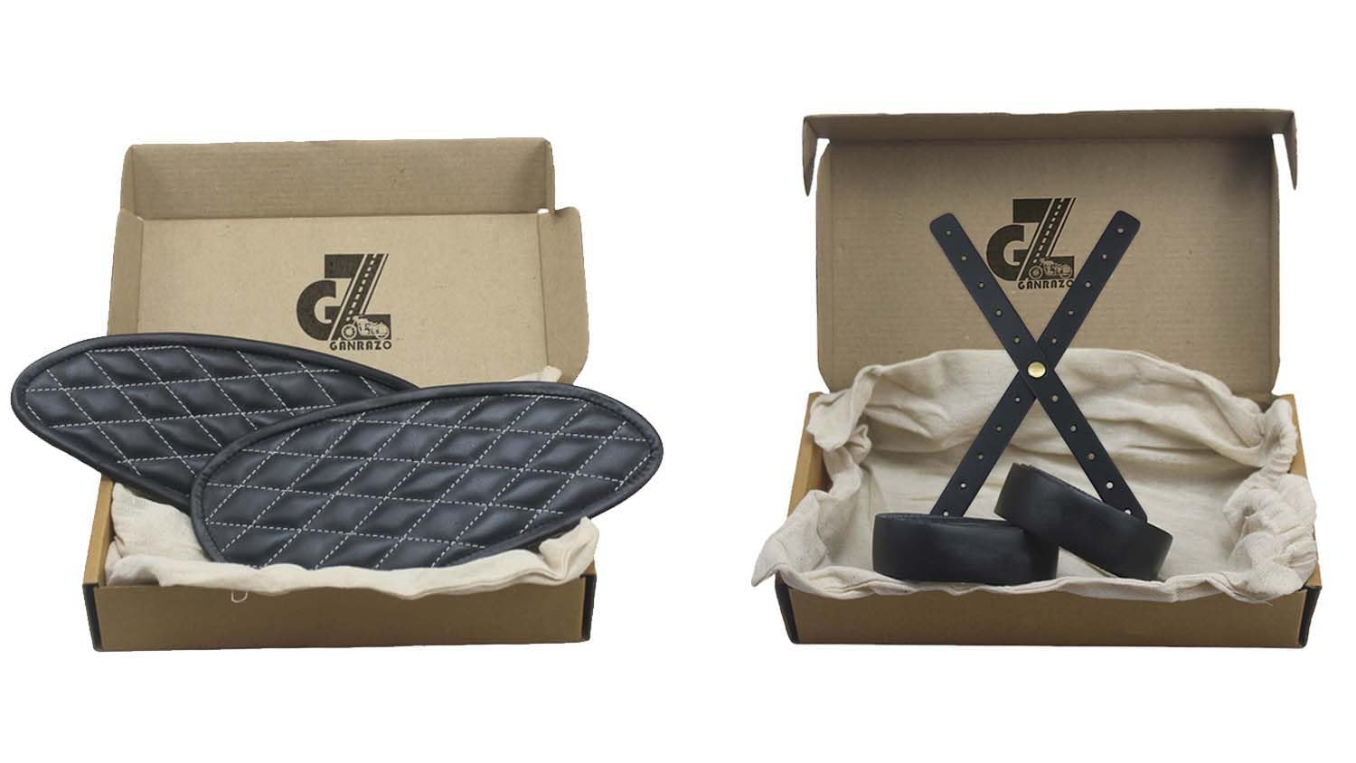 Genuine Leather Daimond Black Tank Pad with White Thread Combo Headlight X Perforated & Handgrip Straps Compatible with Royal Enfield Interceptor 650