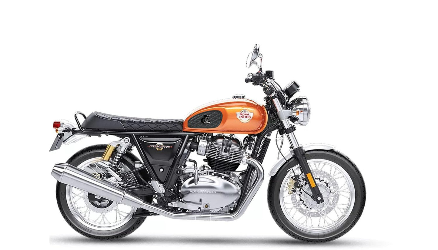 Genuine Leather Daimond Black Tank Pad with White Thread Combo Headlight X & Handgrip Straps Compatible with Royal Enfield Interceptor 650