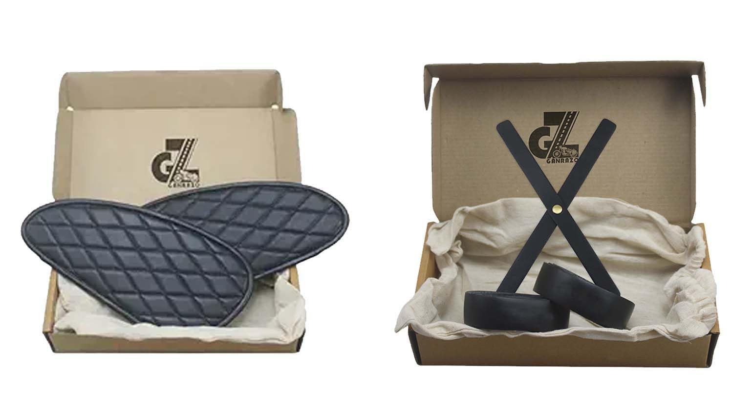 Genuine Leather Diamond Black Tank Pads with Black Thread Combo Headlight X & Handgrip Straps Compatible with Royal Enfield Interceptor 650