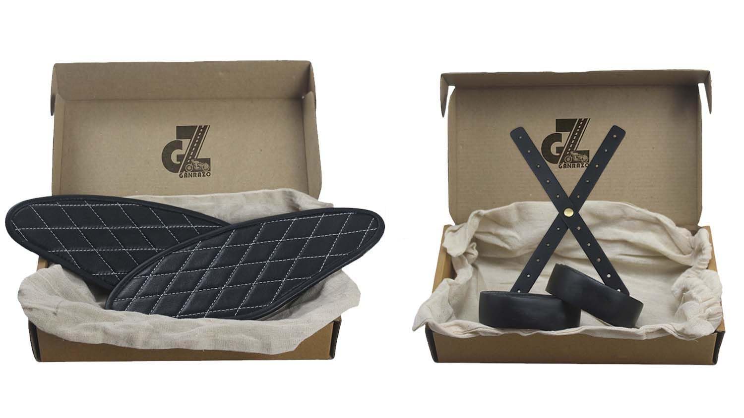 Genuine Leather Diamond Black Tank Pads with White Thread Combo Headlight X Perforated & Handgrip Straps Compatible With Royal Enfield Hunter 350