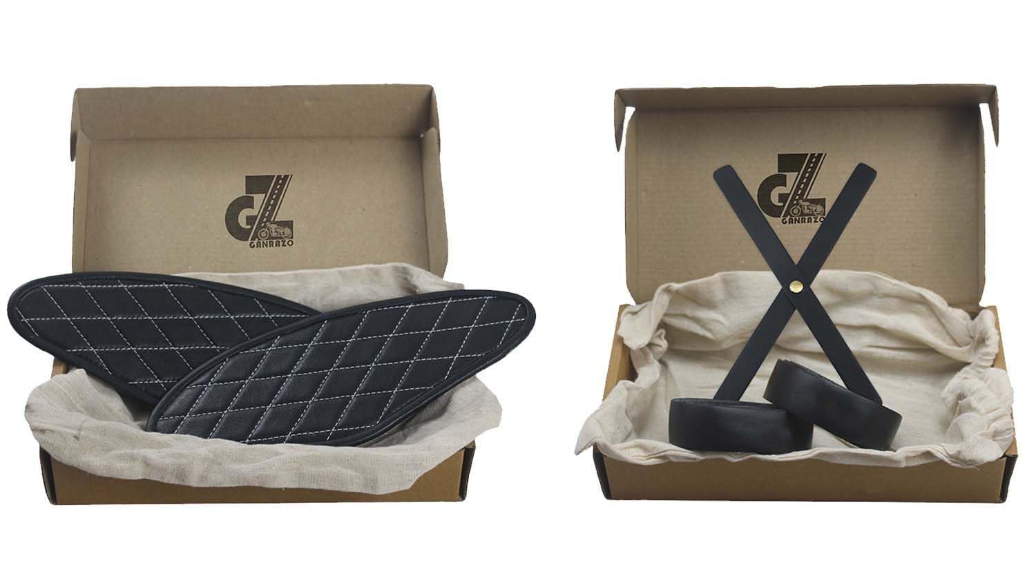 Genuine Leather Diamond Black Tank Pads with White Thread Combo Headlight X & Handgrip Straps Compatible With Royal Enfield Hunter 350