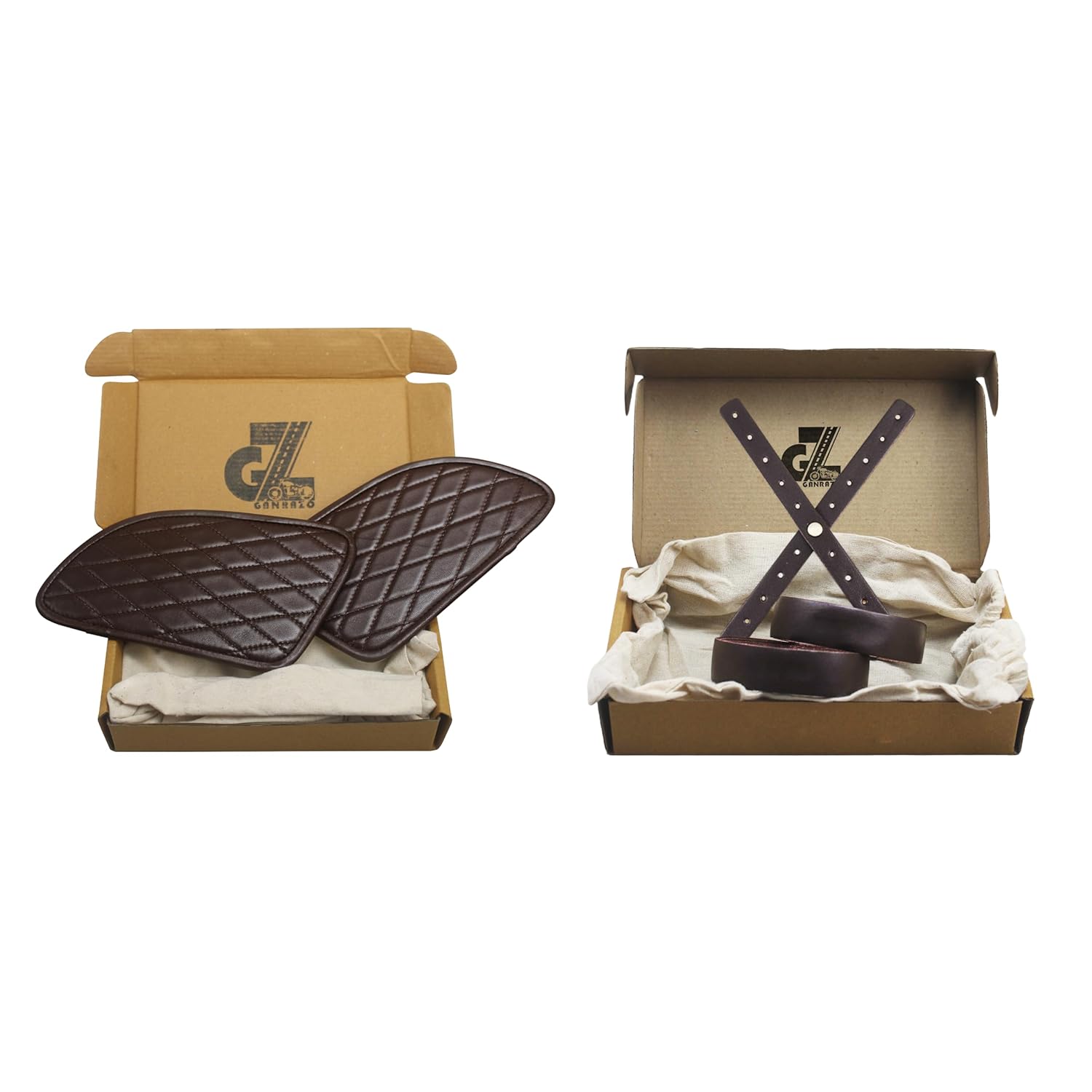 Genuine Leather Diamond Dark Brown Tank Pads with Brown Thread Combo Headlight X Perforated & Handgrip Straps Compatible with Royal Enfield Continental Gt 650