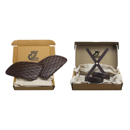 Genuine Leather Diamond Dark Brown Tank Pads with Brown Thread Combo Headlight X & Handgrip Straps Compatible with Royal Enfield Continental Gt 650