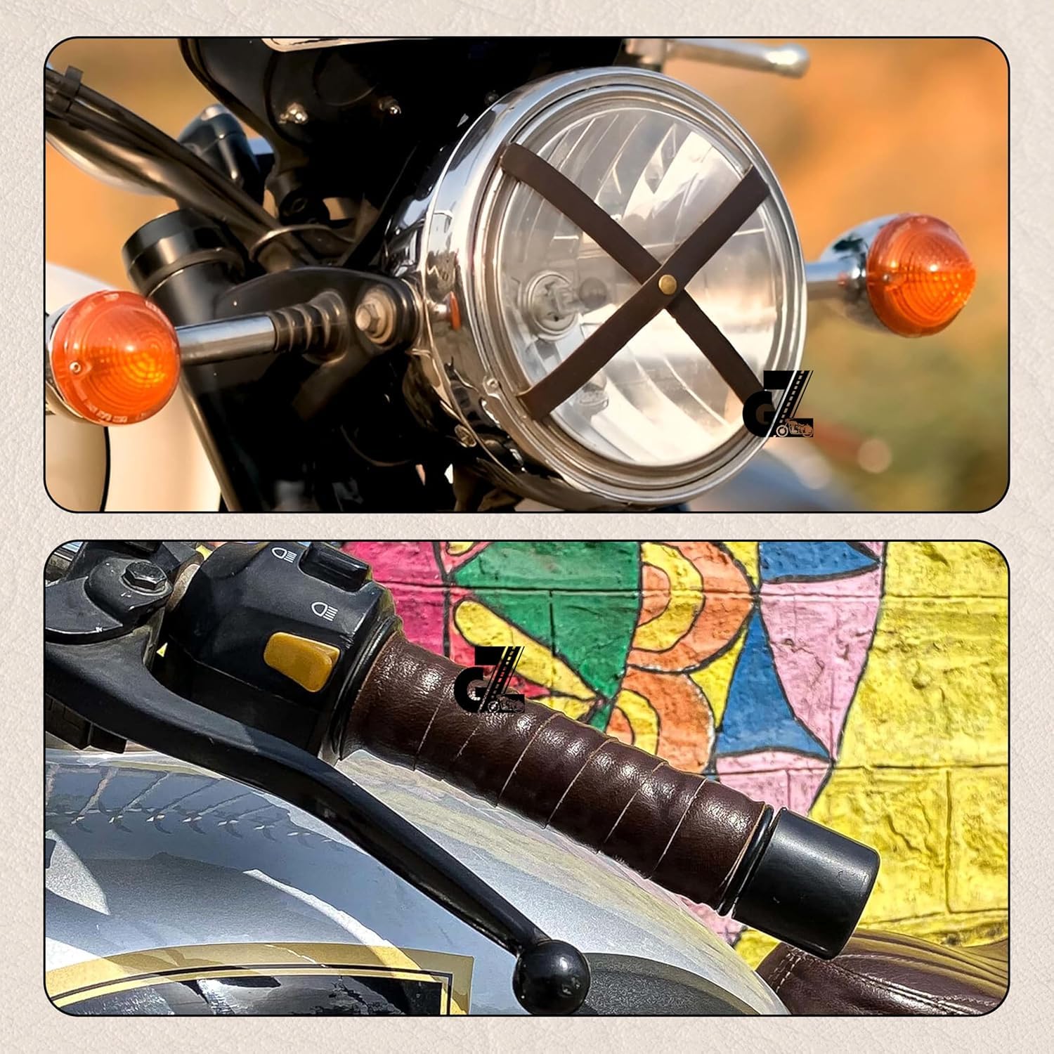 Genuine Leather Diamond Dark Brown Tank Pads with Brown Thread Combo Headlight X & Handgrip Straps Compatible with Royal Enfield Continental Gt 650