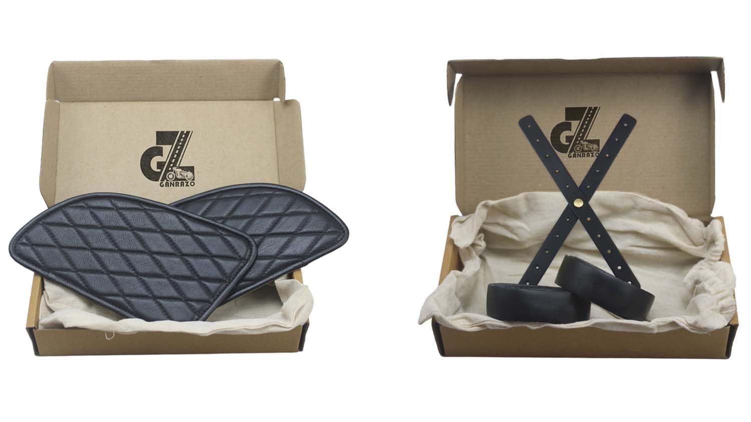 Genuine Leather Daimond Black Tank Pad with Black Thread Combo Headlight X Perforated & Handgrip Straps Compatible with Royal Enfield Continental Gt 650