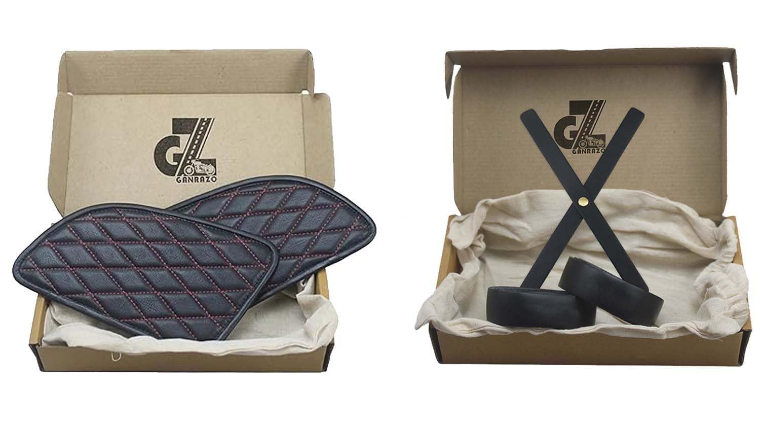 Genuine Leather Daimond Black Tank Pad with Red Thread Combo Head Lamp X & Handgrip Straps Pair Compatible with Royal Enfield Continental Gt 650