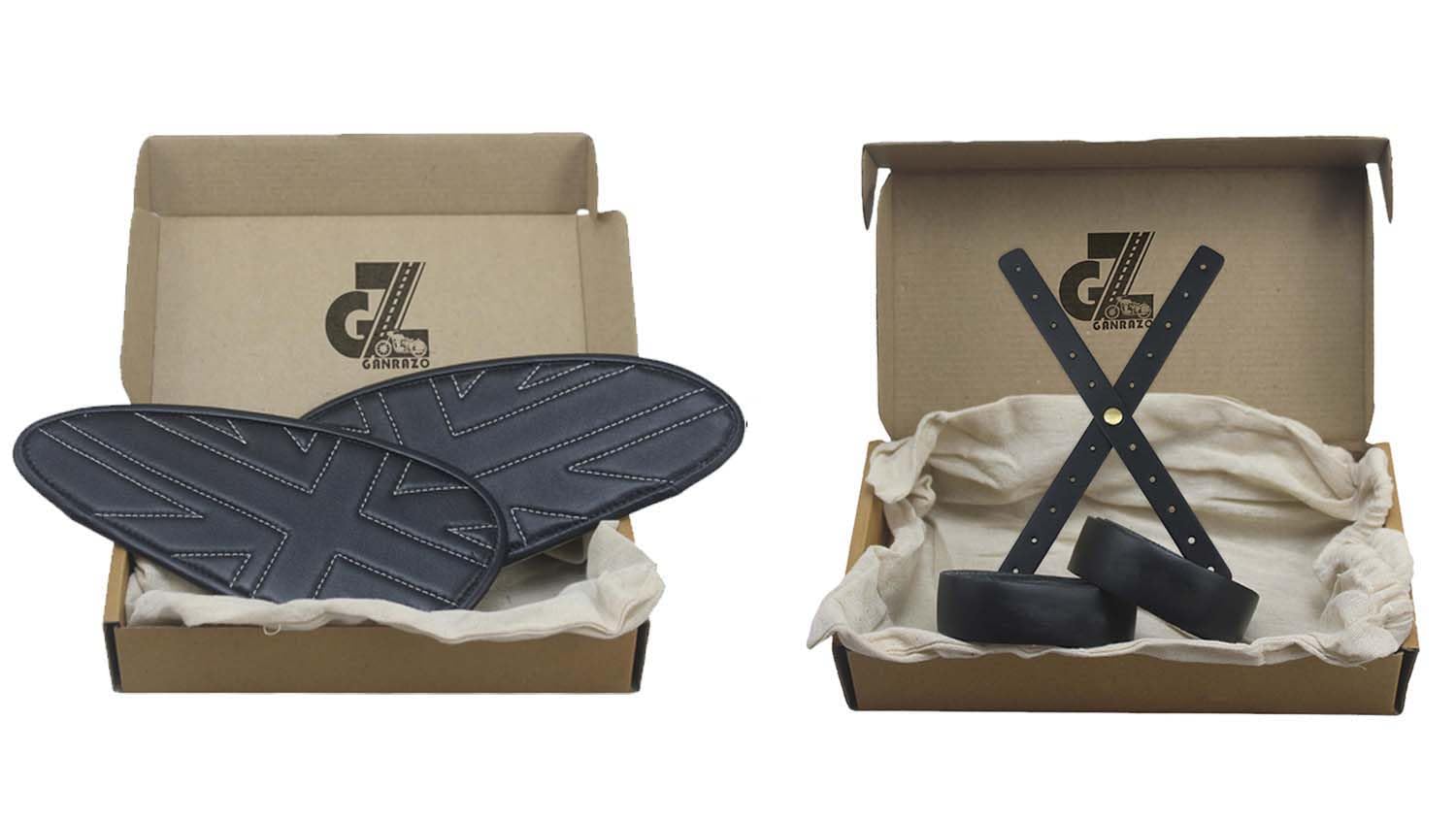 Genuine Leather Union Jack Black Tank Pad with White Thread Combo Headlight X Perforated & Handgrip Straps Compatible with Royal Enfield Interceptor 650