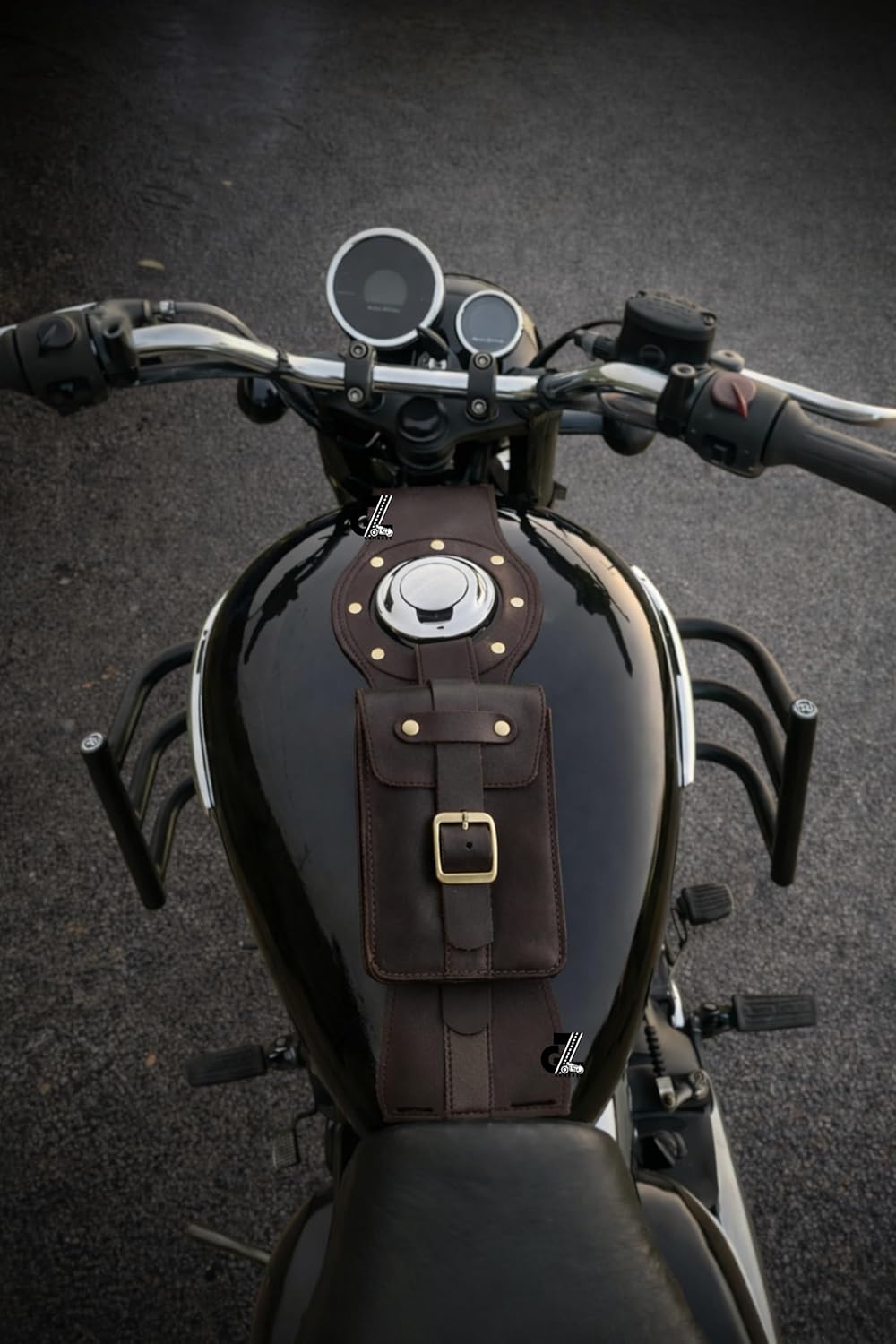 Genuine Leather Motorcycle Tank Strap with Pouch Compatible with Royal Enfield Meteor 350