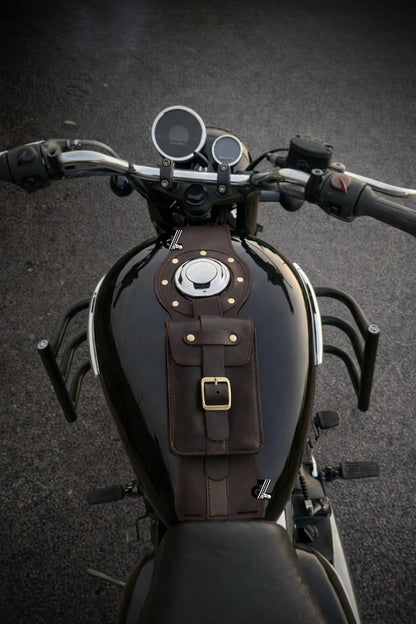 Genuine Leather Motorcycle Tank Strap with Pouch Compatible with Royal Enfield Meteor 350