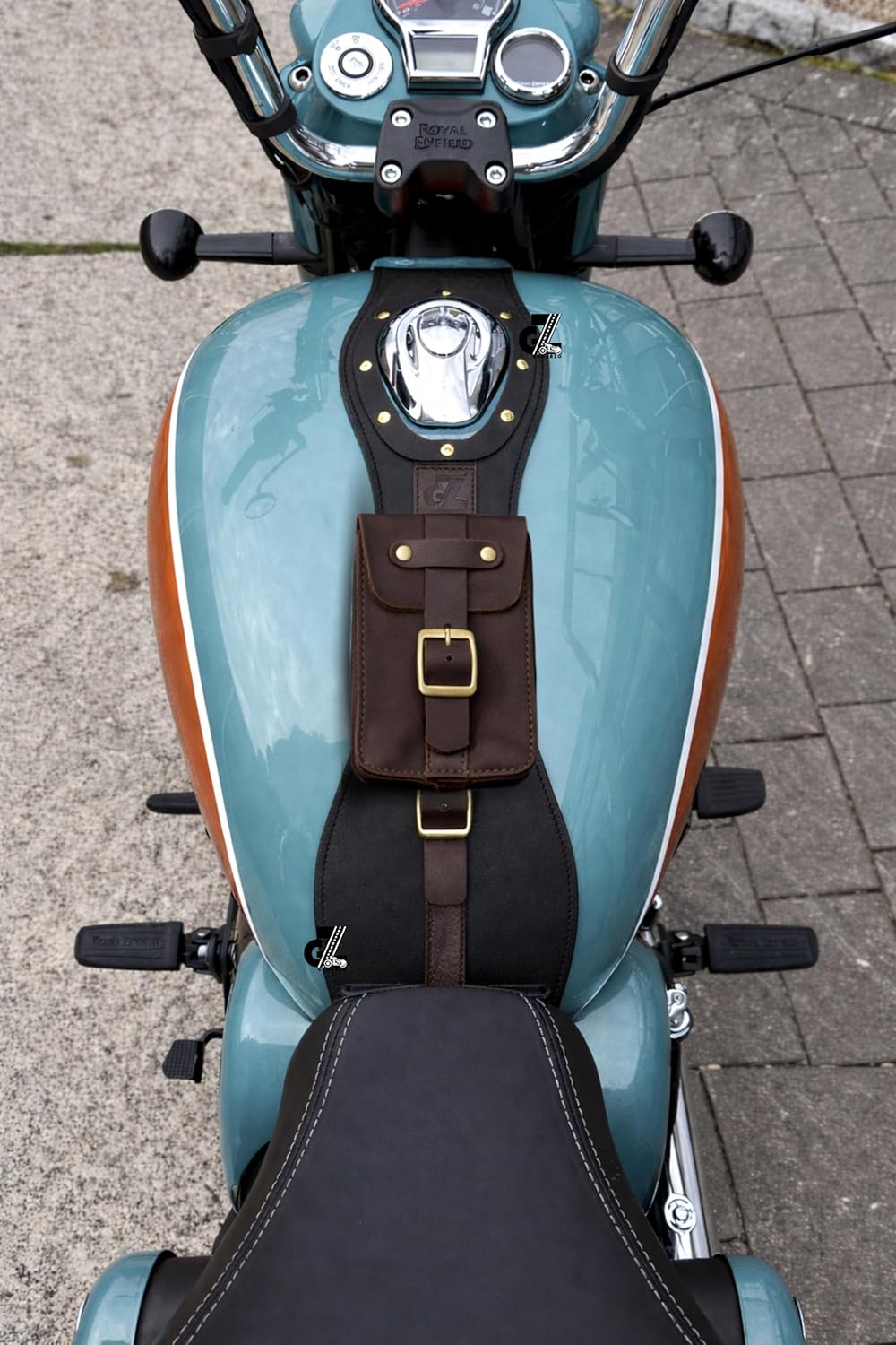 Genuine Leather Motorcycle Tank Strap with Pouch Compatible with Royal Enfield New Bullet/New Classic/ Goan Classic 350