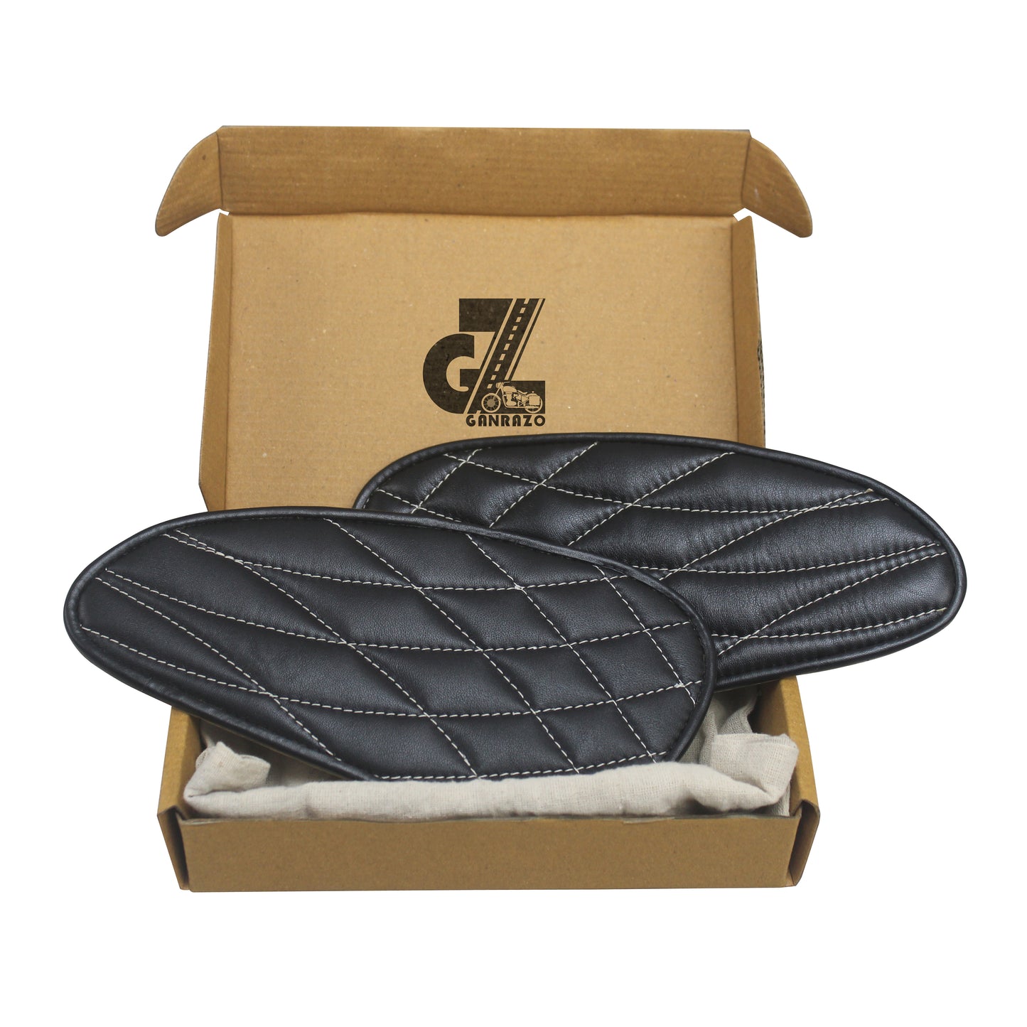 Genuine Leather Daimond Black Tank Pads with White Thread Compatible with Royal Enfield Interceptor 650