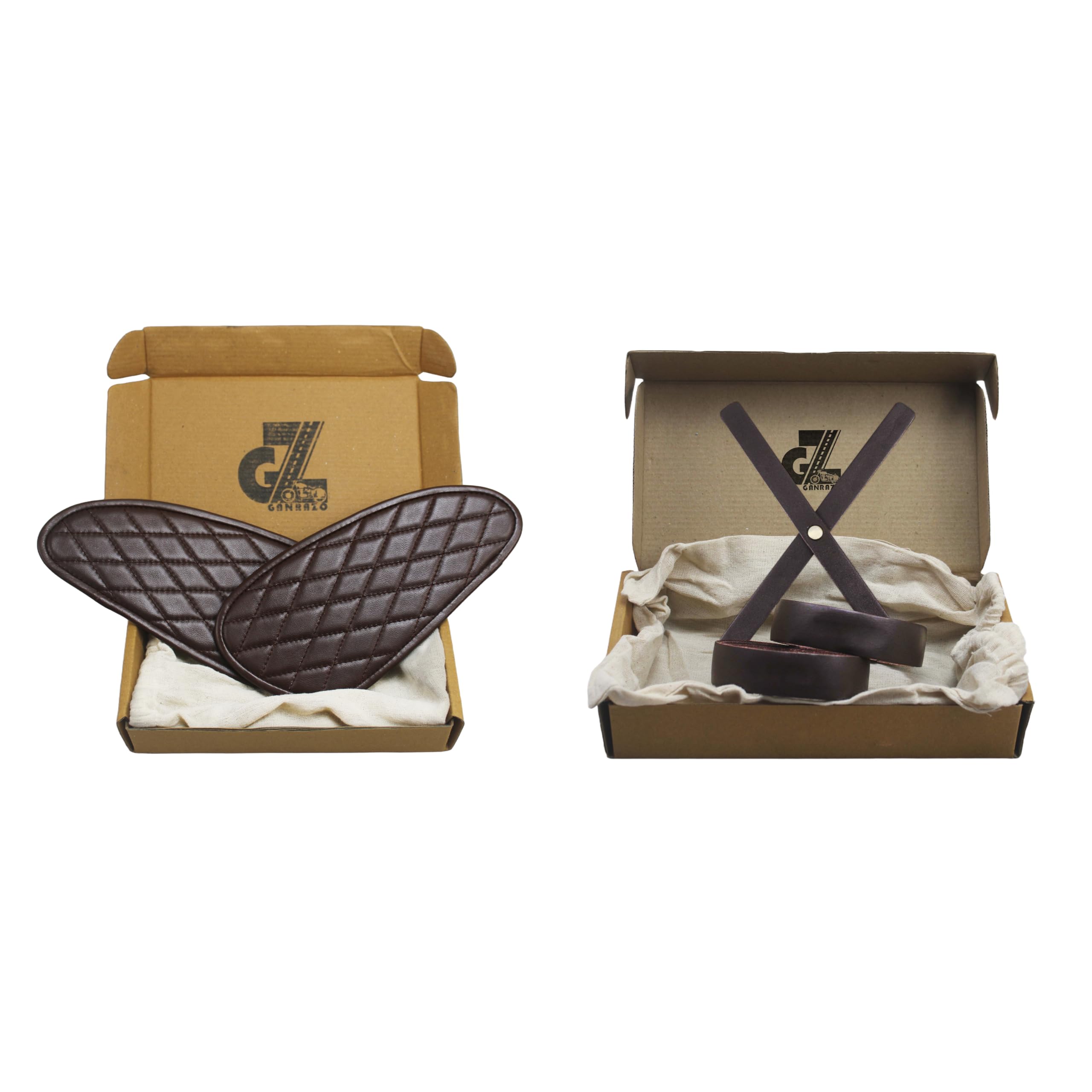 Genuine Leather Daimond Dark Brown Tank Pads with Brown Thread Combo Headlight X & Handgrip Straps Compatible With Royal Enfield Interceptor 650