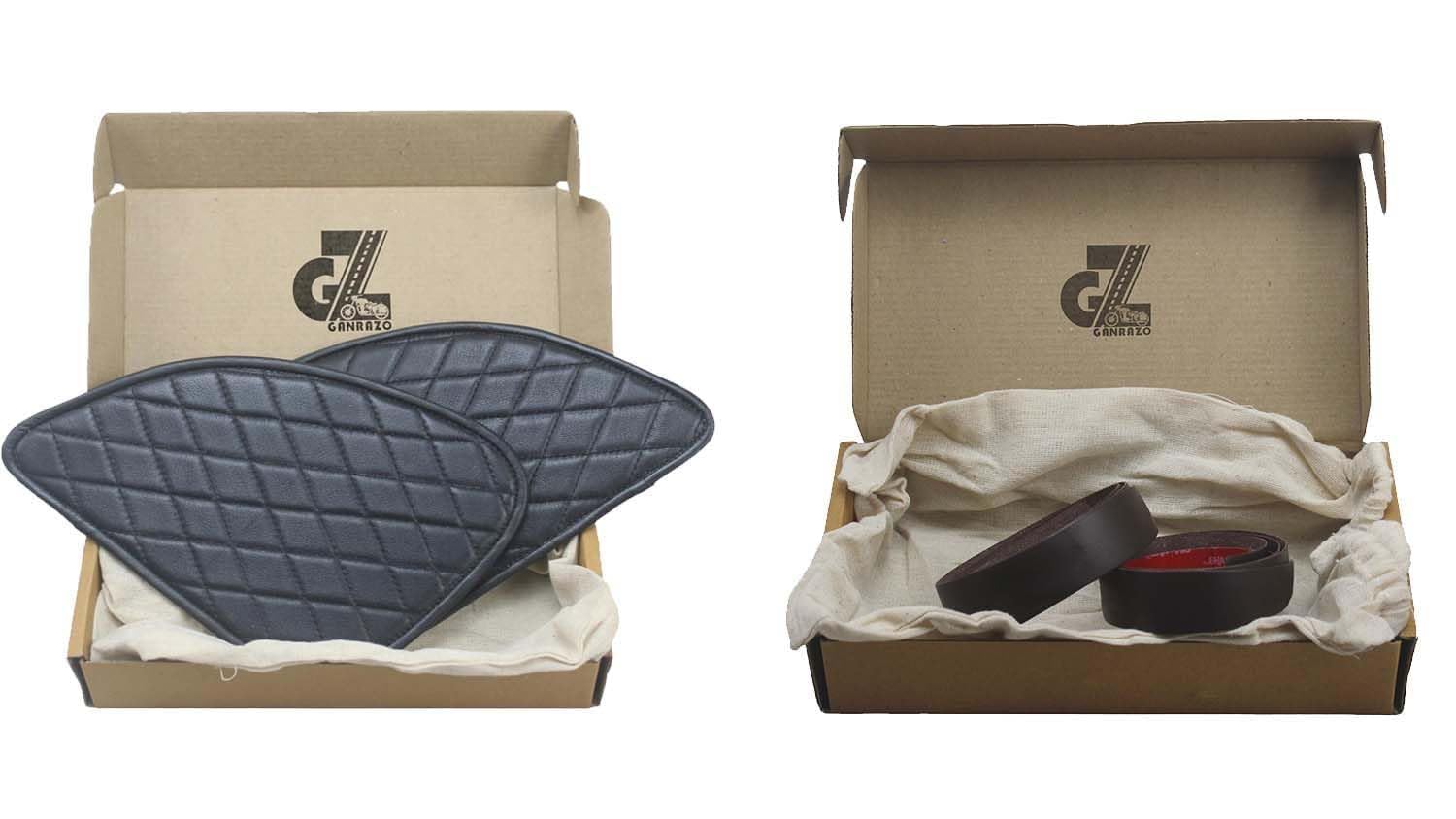 Genuine Leather Diamond Black Tank Pad with Black Thread Combo Handgrip Straps Pair Dark Brown Compatible with Royal Enfield Himalayan 411