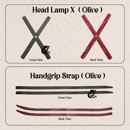 Genuine Leather Diamond Black Tank Pad with Black Thread Combo Headlight X & Handgrip Straps Olive Compatible With Royal Enfield Himalayan 411