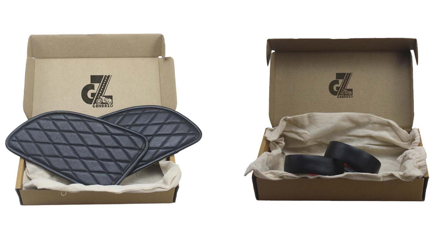 Genuine Leather Dimand Black Tank Pad with Black Thread Combo Handgrip Straps Pair Compatible with Royal Enfield Continental Gt 650