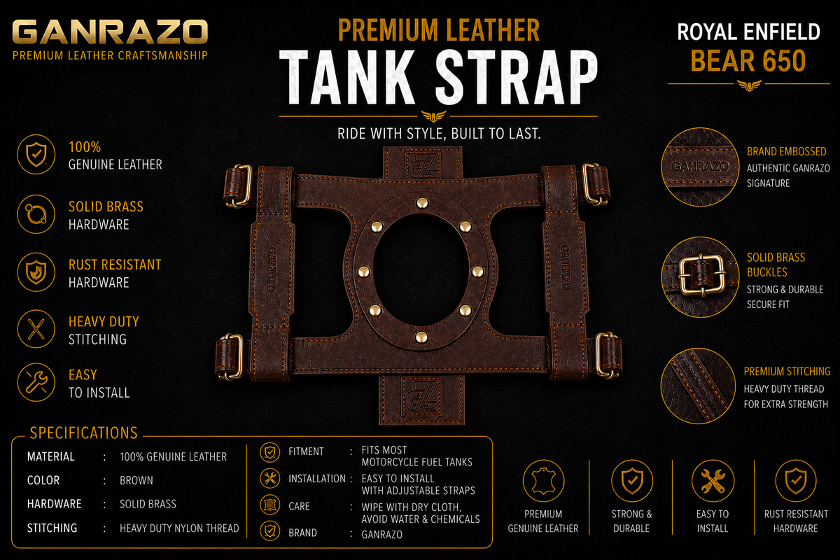 Genuine Leather Motorcycle Fuel Tank Straps Adjustable Compatible with Bear 650 All Models