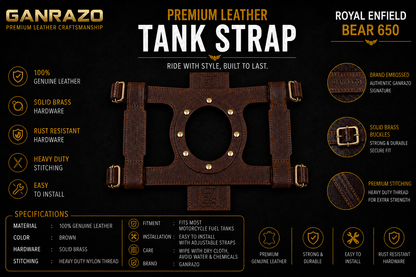 Genuine Leather Motorcycle Fuel Tank Straps Adjustable Compatible with Bear 650 All Models