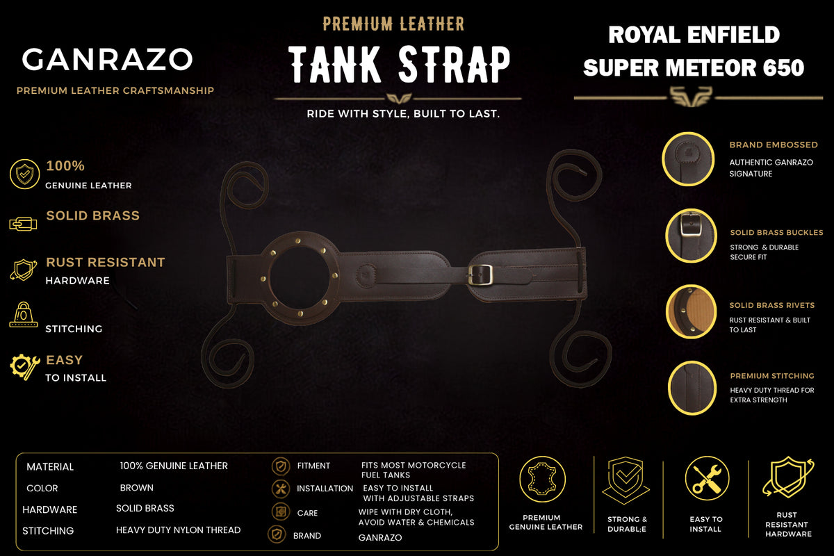 Genuine Leather Motorcycle Tank Strap Compatible with Royal Enfield Super Meteor 650