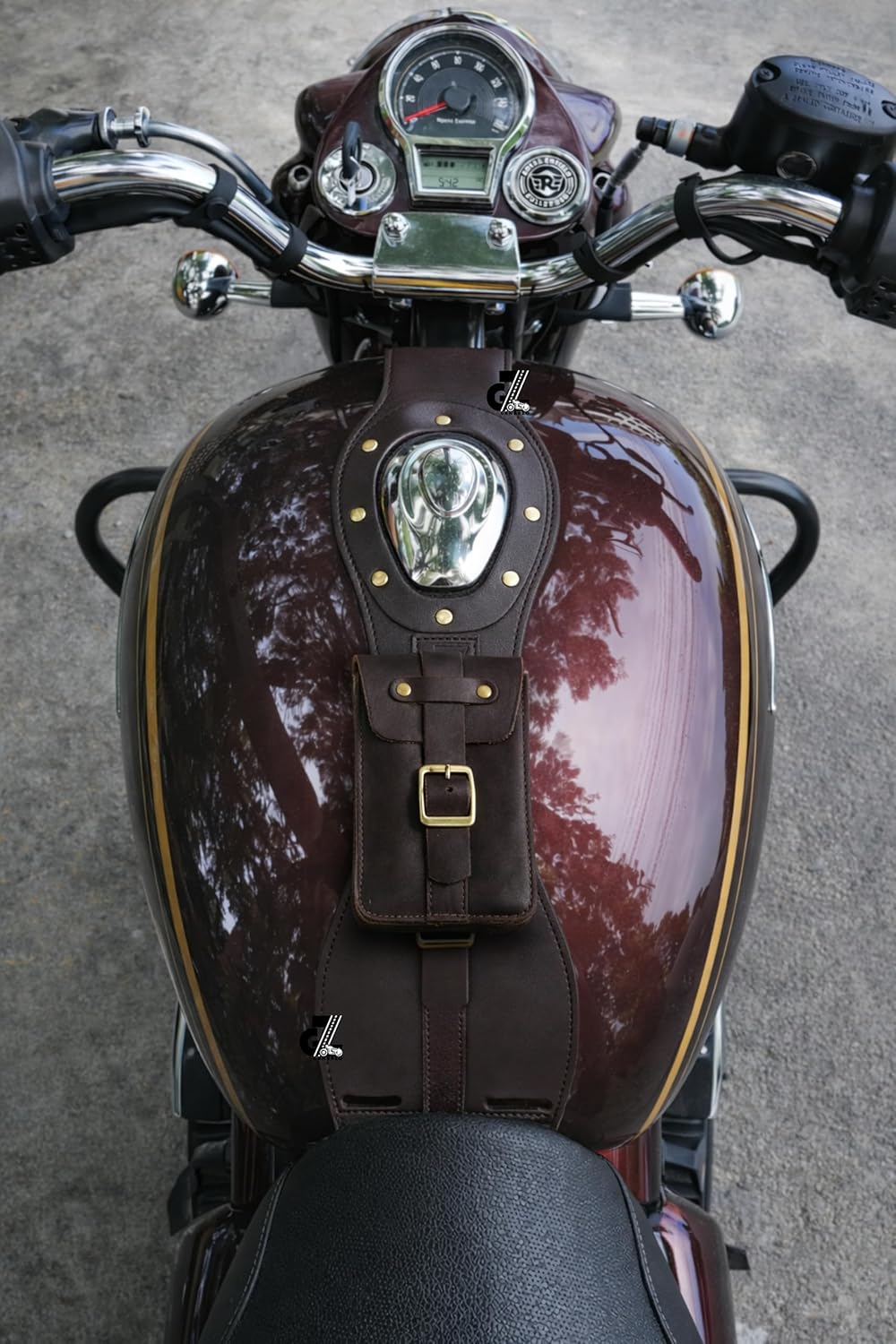 Genuine Leather Motorcycle Tank Strap with Pouch Compatible with Royal Enfield New Bullet/New Classic/ Goan Classic 350