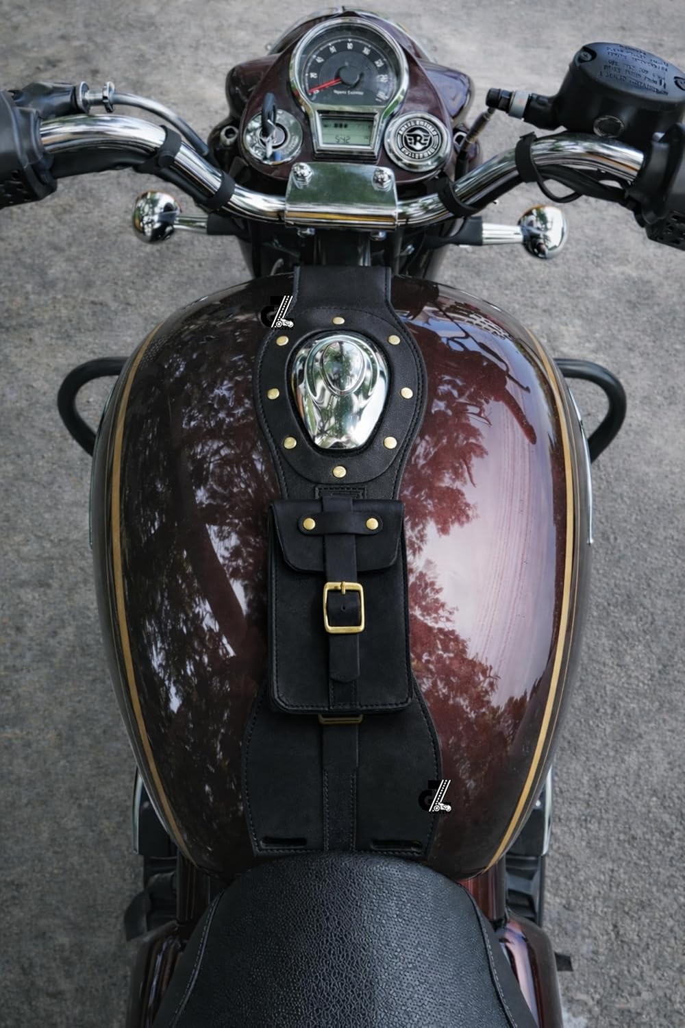 Genuine Leather Motorcycle Tank Strap with Pouch Compatible with Royal Enfield New Bullet/New Classic/ Goan Classic 350