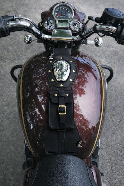 Genuine Leather Motorcycle Tank Strap with Pouch Compatible with Royal Enfield New Bullet/New Classic/ Goan Classic 350