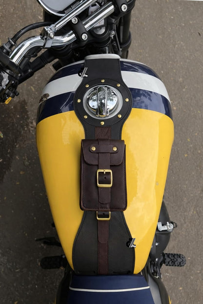 Genuine Leather Motorcycle Tank Strap with Pouch Compatible with Royal Enfield Interceptor & Bear 650