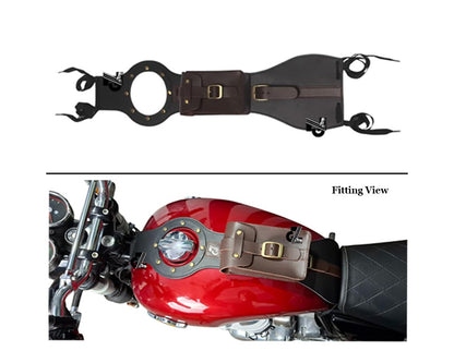 Genuine Leather Motorcycle Tank Strap with Pouch Compatible with Royal Enfield Interceptor & Bear 650
