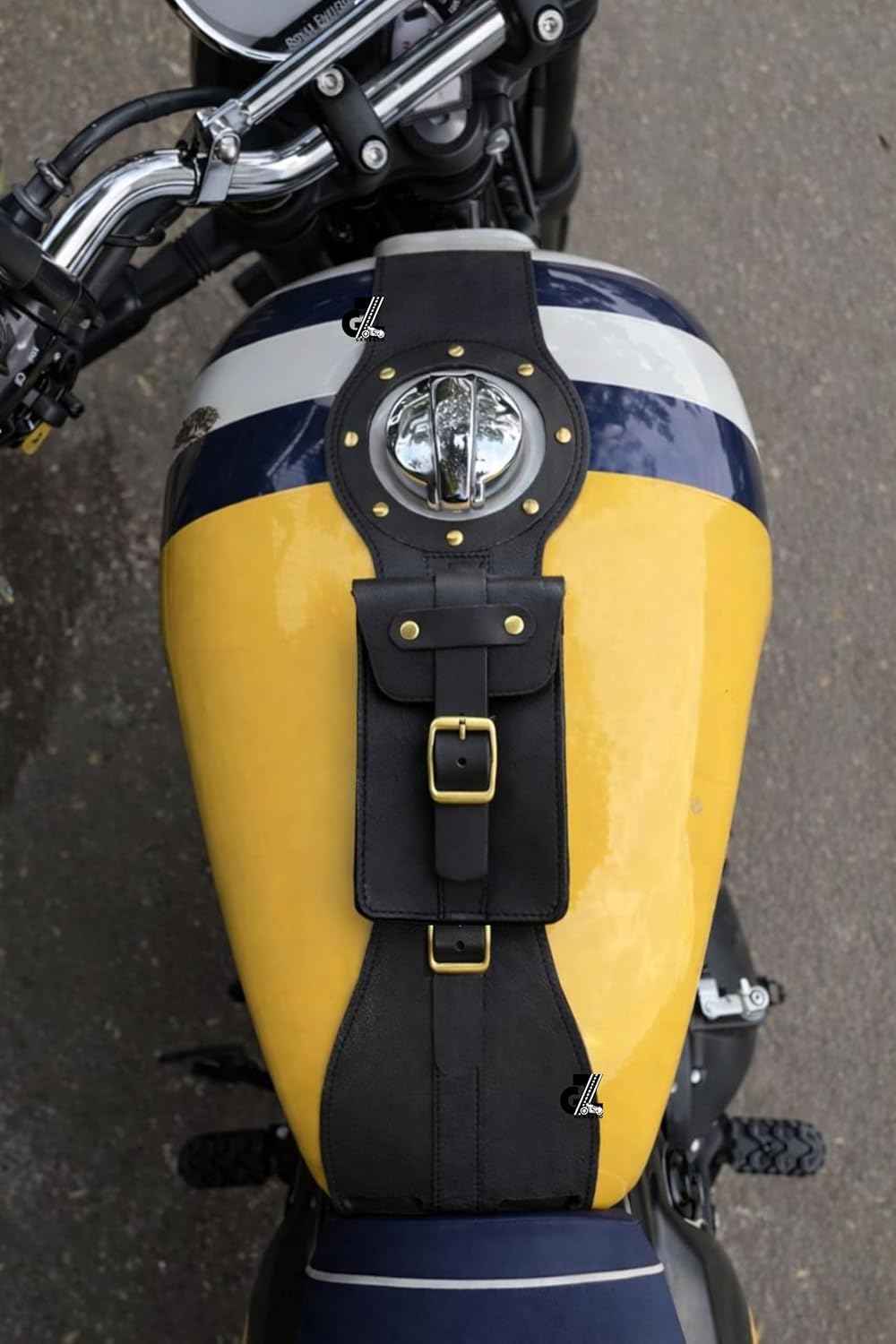 Genuine Leather Motorcycle Tank Strap with Pouch Compatible with Royal Enfield Interceptor & Bear 650