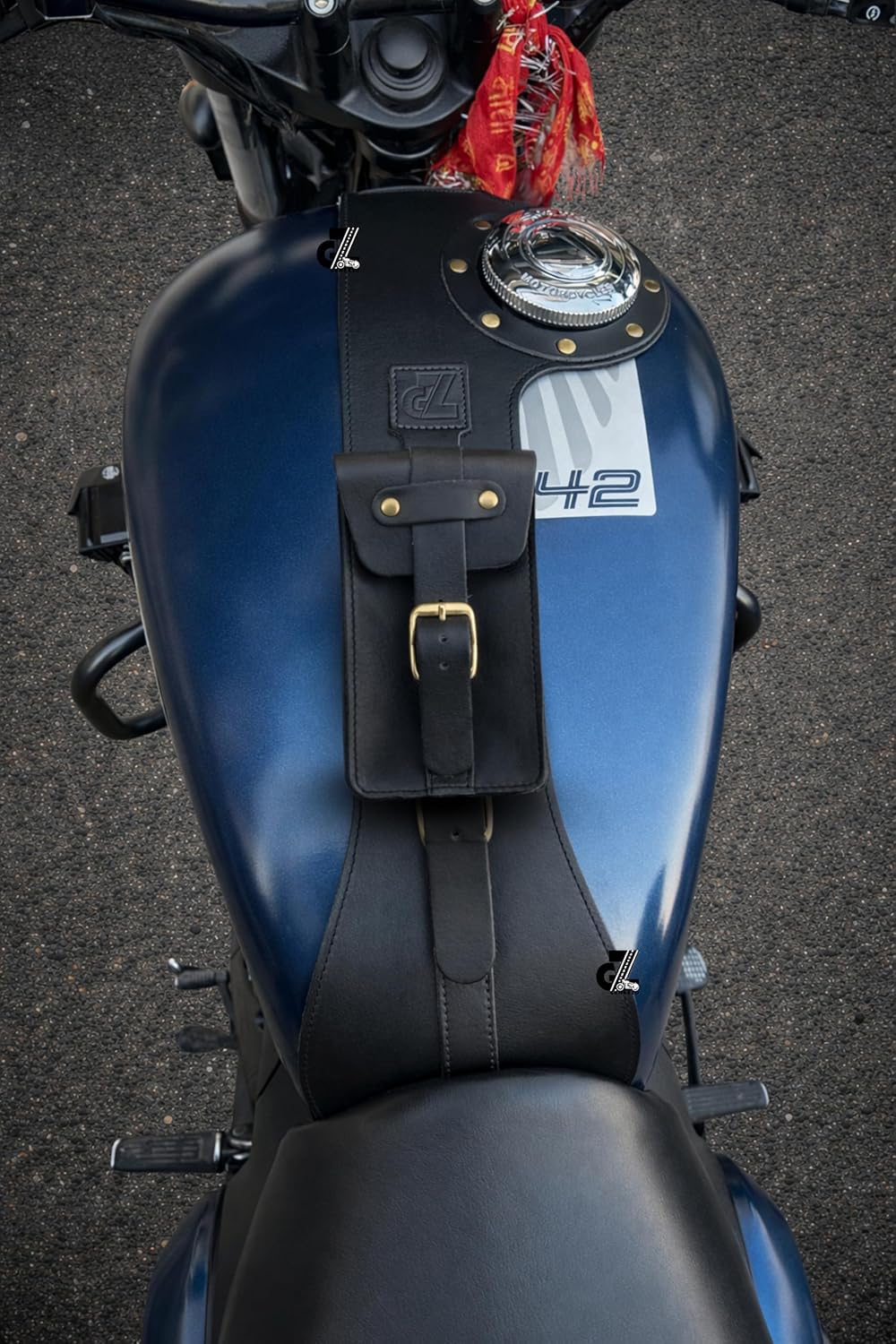 Genuine Leather Motorcycle Tank Strap with Pouch Compatible with Jawa FJ