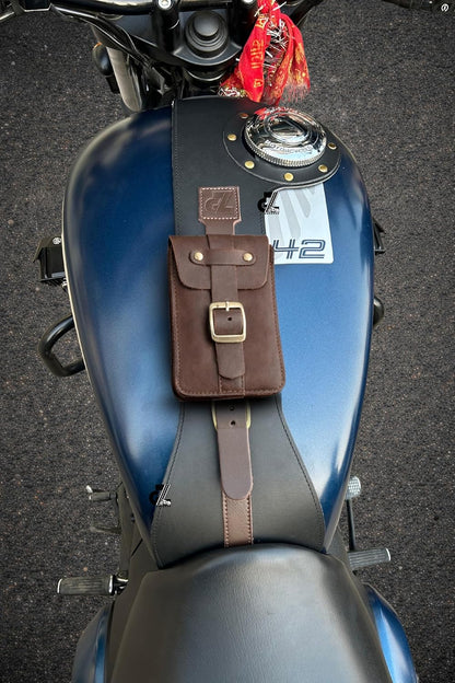 Genuine Leather Motorcycle Tank Strap with Pouch Compatible with Jawa FJ