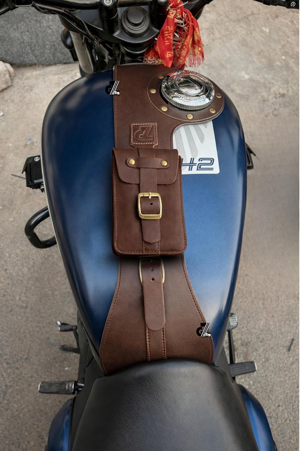 Genuine Leather Motorcycle Tank Strap with Pouch Compatible with Jawa FJ