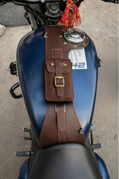 Genuine Leather Motorcycle Tank Strap with Pouch Compatible with Jawa FJ
