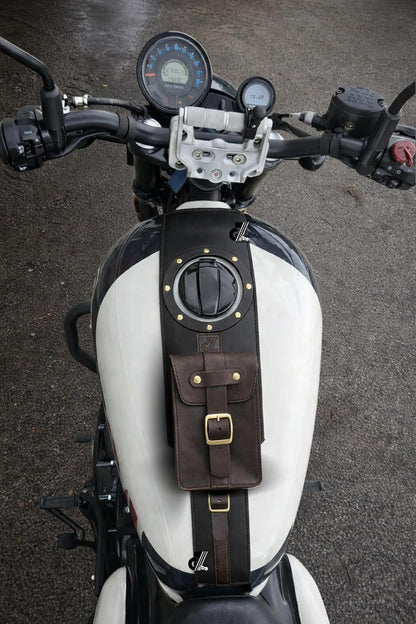 Genuine Leather Motorcycle Tank Strap with Pouch Compatible with Royal Enfield Shotgun 650