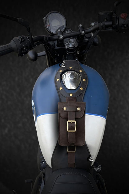 Genuine Leather Motorcycle Tank Strap with Pouch Compatible with Royal Enfield Hunter 350