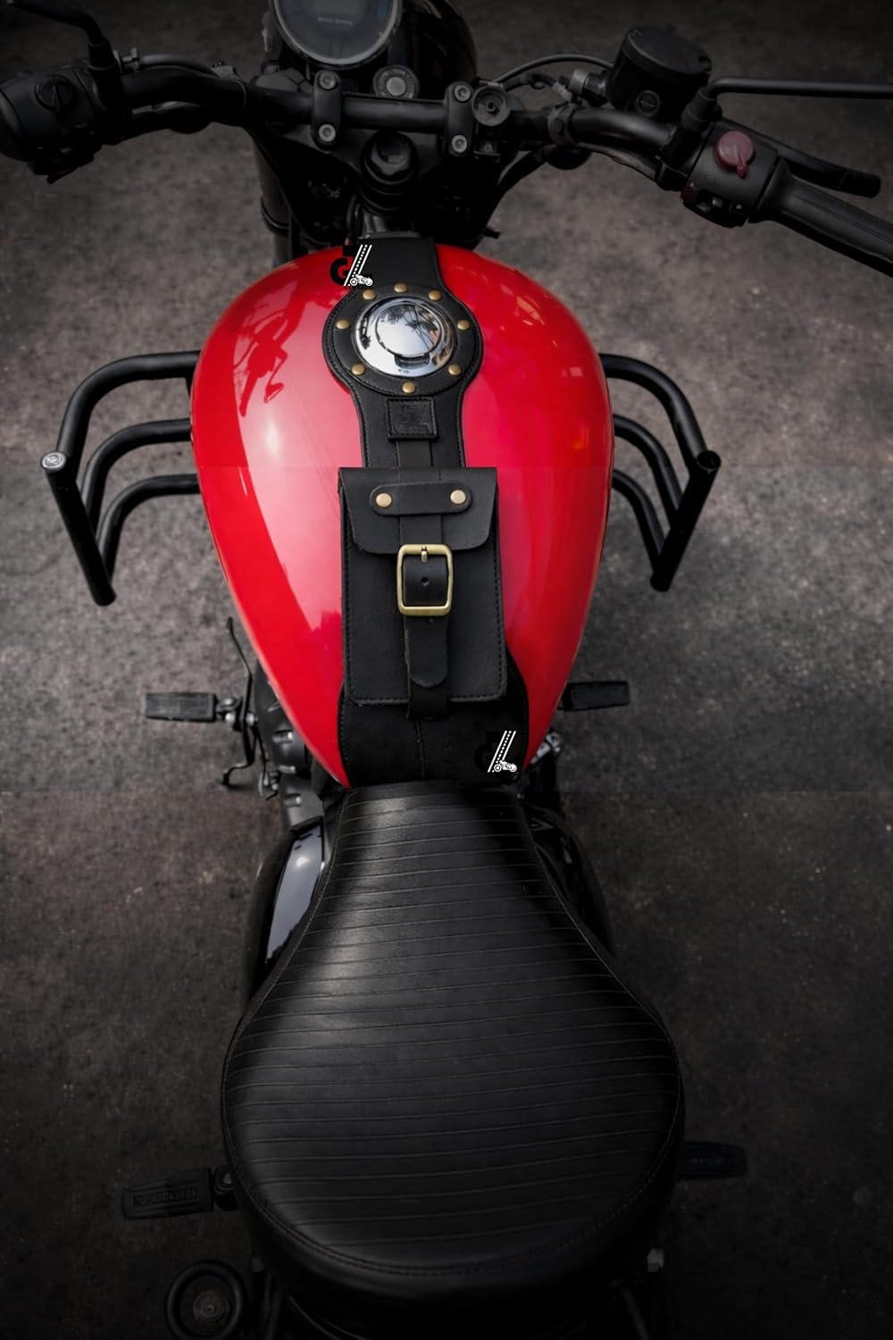 Genuine Leather Motorcycle Tank Strap with Pouch Compatible with Royal Enfield Meteor 350