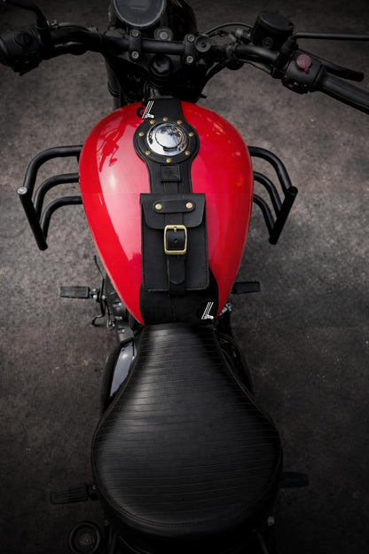 Genuine Leather Motorcycle Tank Strap with Pouch Compatible with Royal Enfield Meteor 350