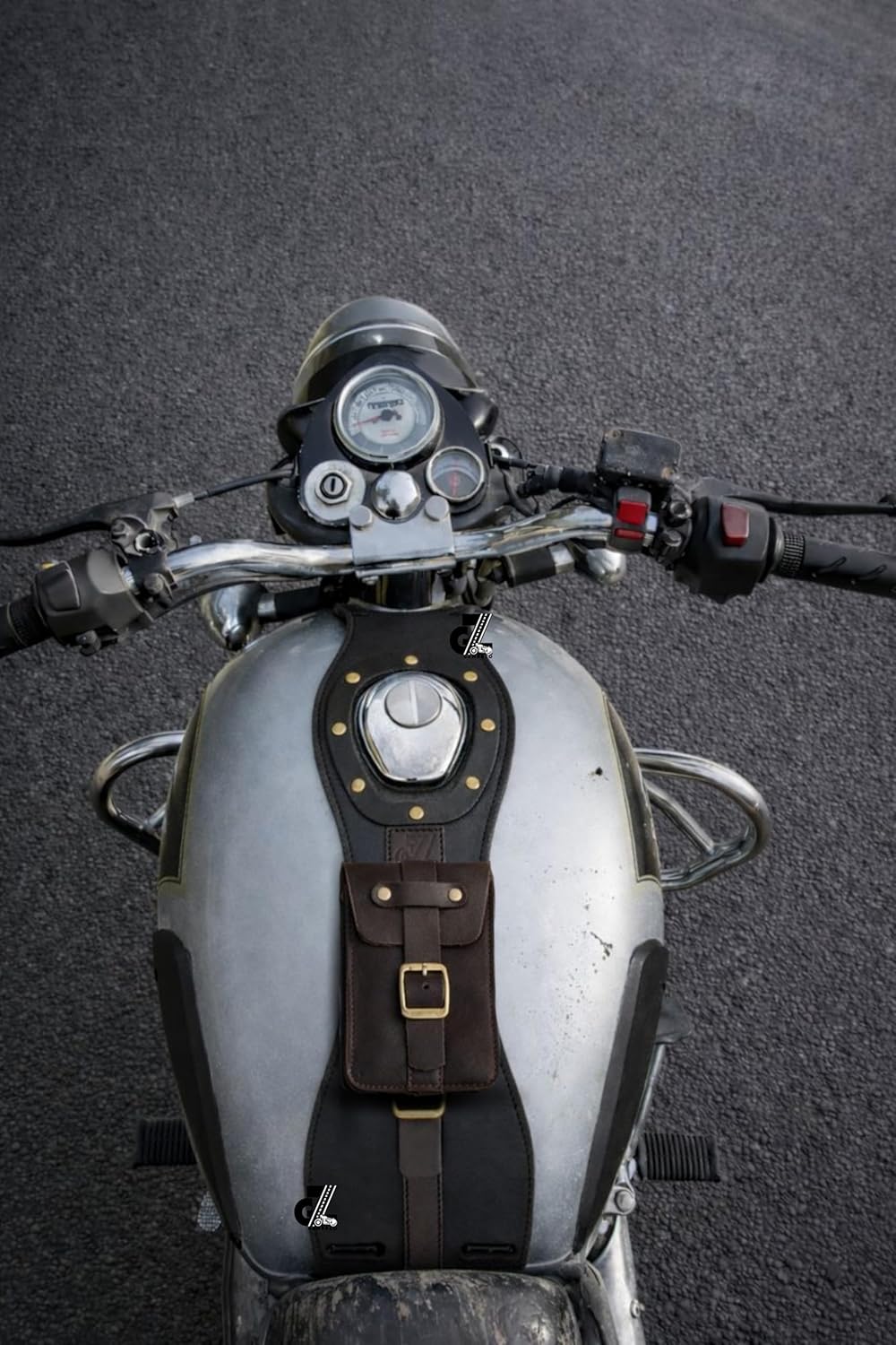 Genuine Leather Motorcycle Tank Strap with Pouch Compatible with Royal Enfield Old Classic 350/500