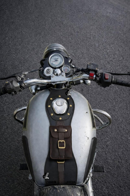 Genuine Leather Motorcycle Tank Strap with Pouch Compatible with Royal Enfield Old Classic 350/500