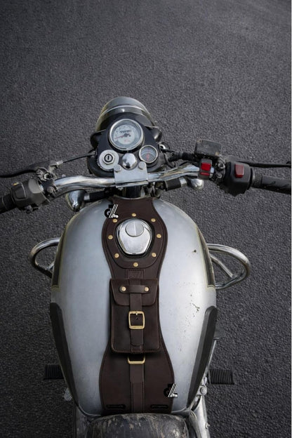 Genuine Leather Motorcycle Tank Strap with Pouch Compatible with Royal Enfield Old Classic 350/500