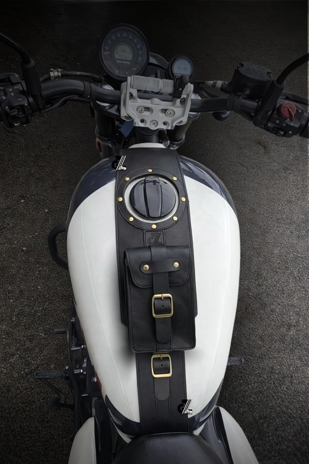 Genuine Leather Motorcycle Tank Strap with Pouch Compatible with Royal Enfield Shotgun 650