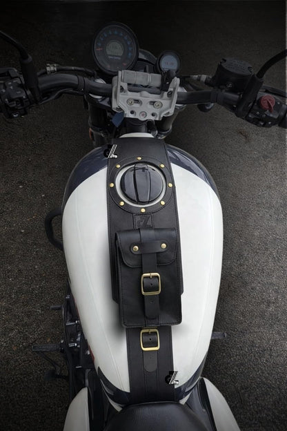 Genuine Leather Motorcycle Tank Strap with Pouch Compatible with Royal Enfield Shotgun 650